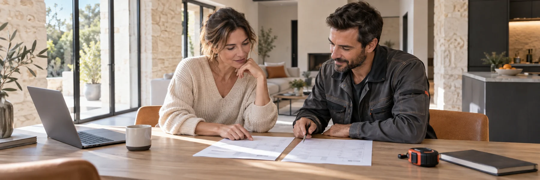 Illustration créée par IA : deux personnes examinent des documents de travaux à une table, près d’un ordinateur.