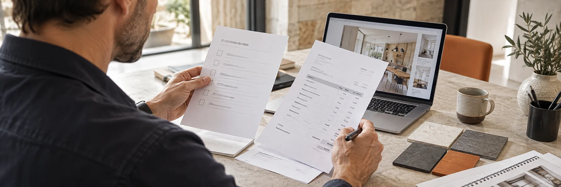 Illustration créée par IA : une personne compare des documents papier devant un ordinateur et des échantillons de matériaux.